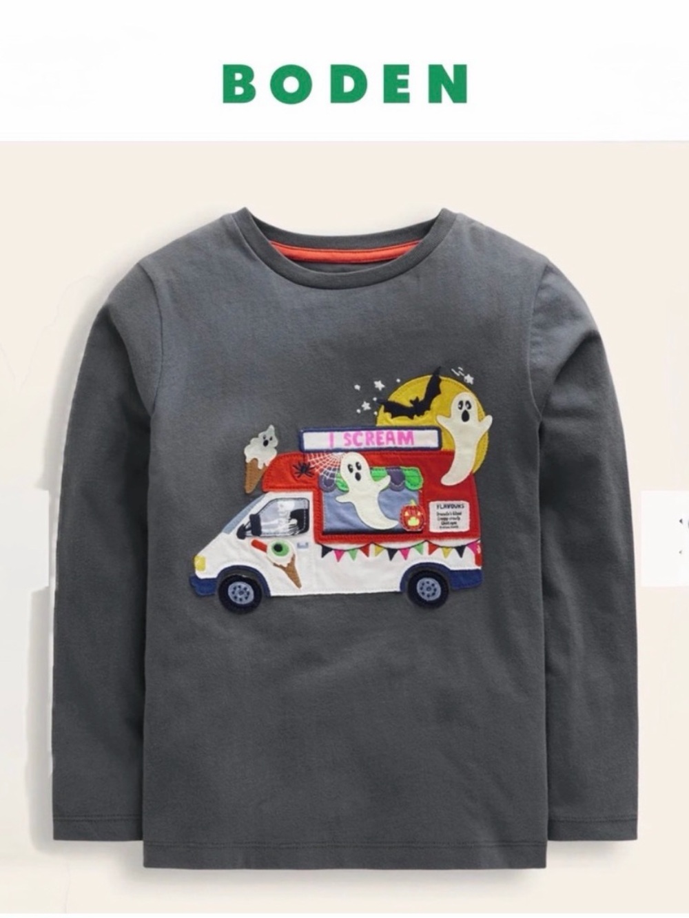 Mini Boden Halloween Ice Cream Truck Appliqué Shirt Kids Sz 4/5Y LS Gray